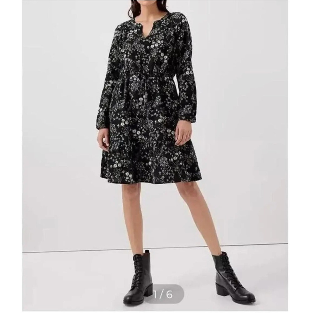 Pact Organic Cotton‎ Floral Tiered Dress Black Green Long Sleeve Women's S